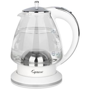 Chaleira elétrica de vidro Capresso branca e cromada 1,42L com indicador luminoso e desligamento automático H2O Glass 240.02, 110V