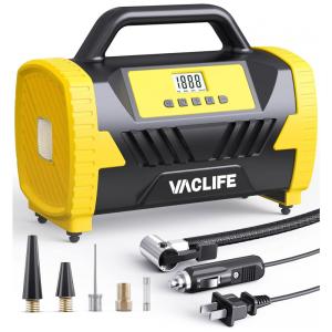 Compressor de Ar com Fio Portátil 150 PSI Recarregável com Tela LED e Desligamento Automático, 12V, VacLife ATJ6788, Amarelo