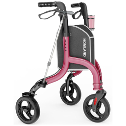 Andador Dobrável para Idosos de 3 Rodas com Suporte para Bengala e Altura Ajustável, HOMLAND, Vermelho