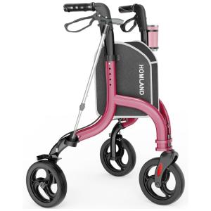 Andador Dobrável para Idosos de 3 Rodas com Suporte para Bengala e Altura Ajustável, HOMLAND, Vermelho