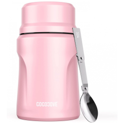 Frasco Térmico 470mL em Aço Inoxidável com Colher, GOGOJOVE, Rosa