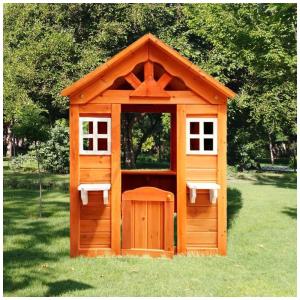 Casinha Infantil de Madeira para Área Externa com Porta, 2 Janelas, 3 Estações de Serviço, Prateleira e Suportes para Vasos de Flores