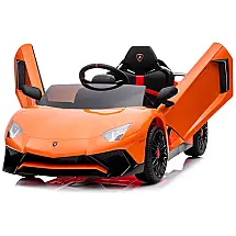 Carro Elétrico Infantil Lamborghini Aventador 12V Laranja, 2 Velocidades, Controle Remoto, Som, Faróis LED e Portas Hidráulicas