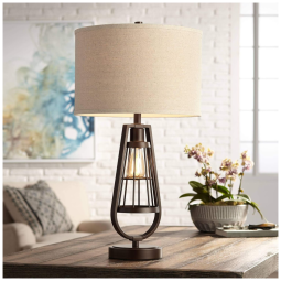 Luminária de Mesa Vintage em Metal e Abajur de Tecido, FRANKLIN IRON WORKS, Marrom