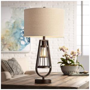 Luminária de Mesa Vintage em Metal e Abajur de Tecido, FRANKLIN IRON WORKS, Marrom