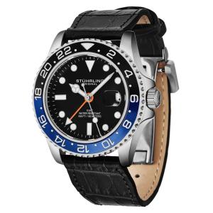 Relogio Stuhrling Meridian 3968L GMT 42mm Preto Prata com Pulseira de Couro Preto e Fivela de Implantacao