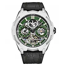 Navegador Automático Dual Time 46mm, Mostrador Verde, Pulseira Preta e Moldura Prateada - Stuhrling.