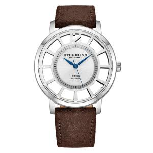 Relgio Stuhrling 388S2 Clssico 40mm Prata com Pulseira de Couro Marrom e Fivela Prateada