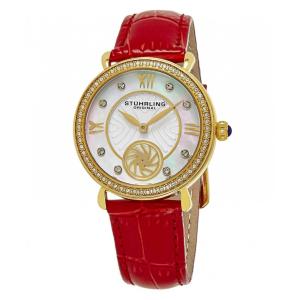 Relógio de pulso Sinfonia 443 com mostrador prateado, pulseira de couro vermelha e fivela tang. Stuhrling