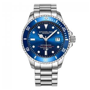 Relógio Automático Stuhrling Swiss Depthmaster 42mm, Mostrador Azul, Pulseira Aço Inoxidável Prateado