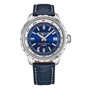 Relógio Global Voyager 1014 GMT 42 mm com cronômetro mundial e mostrador azul, da Stuhrling.