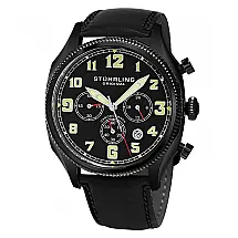 Relógio Aviador 584 com pulseira de couro preta e mostrador preto de 43mm, da marca Stuhrling.