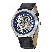 Relógio Stuhrling Commerce 765 com corda manual de 45mm, mostrador azul e pulseira de couro preta com fivela tang.