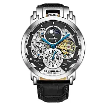 Relógio Automático Stuhrling Menai 906, 47mm, Mostrador Preto, Pulseira Couro Preta e Fivela Prata Tang