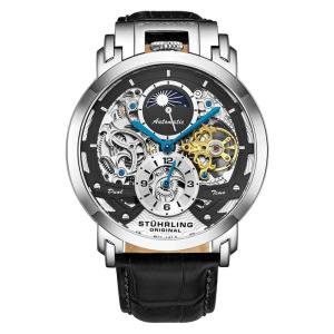 Relógio Automático Stuhrling Menai 906, 47mm, Mostrador Preto, Pulseira Couro Preta e Fivela Prata Tang