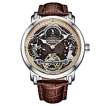 Relógio Automático Celestial Timekeeper 1017 Dual Time 44mm - Mostrador e Alça em Marrom, Moldura Prateada, Stuhrling.