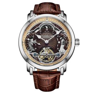 Relógio Automático Celestial Timekeeper 1017 Dual Time 44mm - Mostrador e Alça em Marrom, Moldura Prateada, Stuhrling.