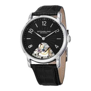 Relógio Legacy 927 com corda manual, mostrador preto e pulseira de couro preta - Stuhrling.