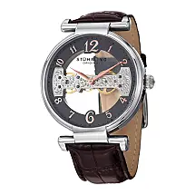 Relógio Stuhrling Legacy 667 com corda manual de 46mm, mostrador cinza e pulseira de couro marrom.