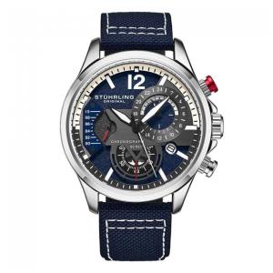 Relógio Stuhrling Aviador 45mm Azul e Prata, Pulseira de Couro Azul com Fivela Prateada