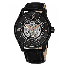 Relógio Automático Stuhrling M14569, 42mm, Mostrador Preto, PVD Preto, Pulseira de Couro Preta com Fivela Tang.