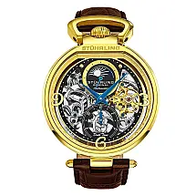 Relógio Automático Stuhrling Modena 46 mm, Mostrador Preto, Pulseira Couro Marrom e Fivela Dourada
