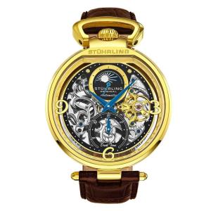 Relógio Automático Stuhrling Modena 46 mm, Mostrador Preto, Pulseira Couro Marrom e Fivela Dourada