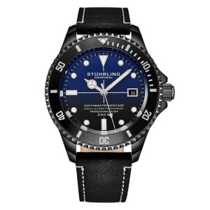 Relógio Masculino Automático Swiss Stuhrling Depthmaster Heritage 883HB 42mm Aço Inox Pulseira Couro Preto Visor Safira Diver