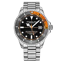 Relógio Automático Stuhrling Swiss Depthmaster Heritage 42mm, Mostrador Preto, Pulseira Aço Inoxidável Prateado