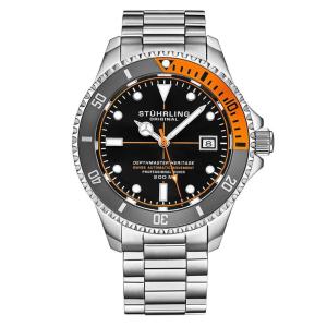 Relógio Automático Stuhrling Swiss Depthmaster Heritage 42mm, Mostrador Preto, Pulseira Aço Inoxidável Prateado