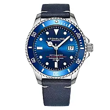 Relógio Automático Stuhrling Depthmaster 42mm, Mostrador Azul e Prata, Pulseira de Couro Azul Resistente à Água