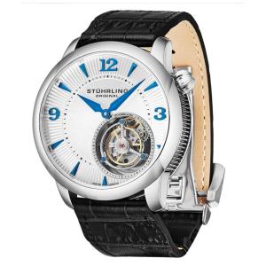 Relogio de pulso Eclipse Tourbillon 390L com mostrador prateado, caixa de 43mm em prata e pulseira de couro preto com fivela de implantacao
