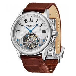Relogio de pulso masculino Aureate Tourbillon 541L, corda manual, 42mm, mostrador prateado e pulseira de couro marrom.