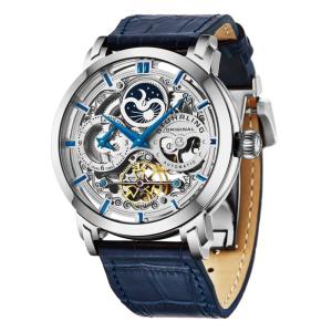 Relogio Anatol 371L Automatico 46mm com Mostrador Prateado e Pulseira de Couro Azul Stuhrling