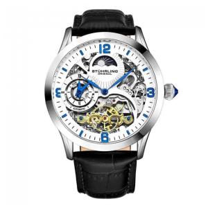 Relógio Stuhrling Reserva Especial Automático 44mm, Mostrador Branco, Pulseira Couro Preta, Fivela Prata