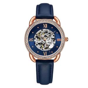 Relgio Automtico Stuhrling 3991 de 36mm com mostrador azul, pulseira de couro azul e fivela tang em camadas de ouro rosa.