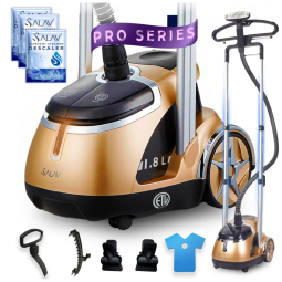 SALAV Deluxe Edição Limitada Série Profissional de Vaporizador de Roupas com Duplo Suporte e Pedais, 3 Pacotes de Descalcificante
