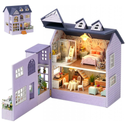 Casa em Miniatura Realista Feita a Mão com Luz LED para Adultos e Adolescentes, Escala 124, SPILAY, Lilás