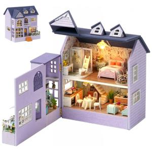 Casa em Miniatura Realista Feita a Mão com Luz LED para Adultos e Adolescentes, Escala 124, SPILAY, Lilás
