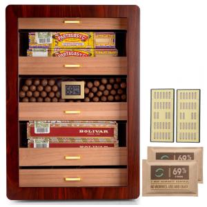 Umidor para Charutos Marvero em Cedro com Higrômetro Digital, Gavetas, Umidificadores e Acessórios Banhados a Ouro - Capacidade para 150