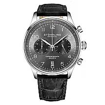 Relogio Cronografo Stuhrling GR1 Q 4012 com Mostrador Cinza Metalizado de 42mm e Pulseira de Couro Preta com Fivela Prateada.