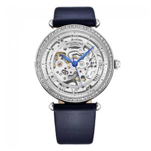 Relógio Automático Stuhrling Luxe 4022 38mm Prateado com Detalhes Azuis e Mostrador Prateado