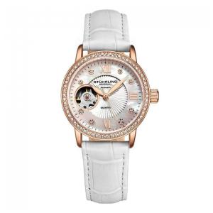 Relógio Stuhrling Legacy 3952 Automático 34mm Prata com Detalhes Rosé e Pulseira de Couro Branca