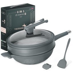 Panela Frigideira 6L Antiaderente 8 em 1 com Revestimento de Alumínio e Titânio Fundido e Indicador de Calor, Pálido, TIBORANG, Cinza