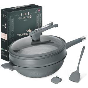 Panela Frigideira 6L Antiaderente 8 em 1 com Revestimento de Alumínio e Titânio Fundido e Indicador de Calor, Pálido, TIBORANG, Cinza