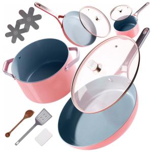 Jogo de Panelas e Frigideiras Antiaderentes em Alumínio com Revestimento Cerâmico, 10 Peças, Greater Goods, Rosa