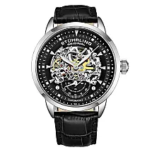 Relógio Automático Stuhrling Executive 44mm, Mostrador Preto e Prata, Pulseira Couro Preta com Fivela Prata