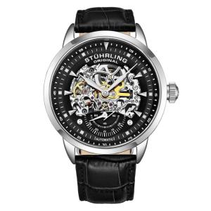 Relógio Automático Stuhrling Executive 44mm, Mostrador Preto e Prata, Pulseira Couro Preta com Fivela Prata
