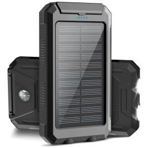 Powerbank Carregador Solar 20000mAh Prova dágua Bússola LED Nautica Viagem Camping, ERRBBIC S1008D, Preto