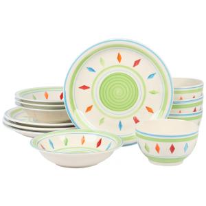 Aparelho de Jantar com 12 Peças em Cerâmica Pintadas a Mão Serve 4 Pessoas, Gibson Home Heidy, Verde